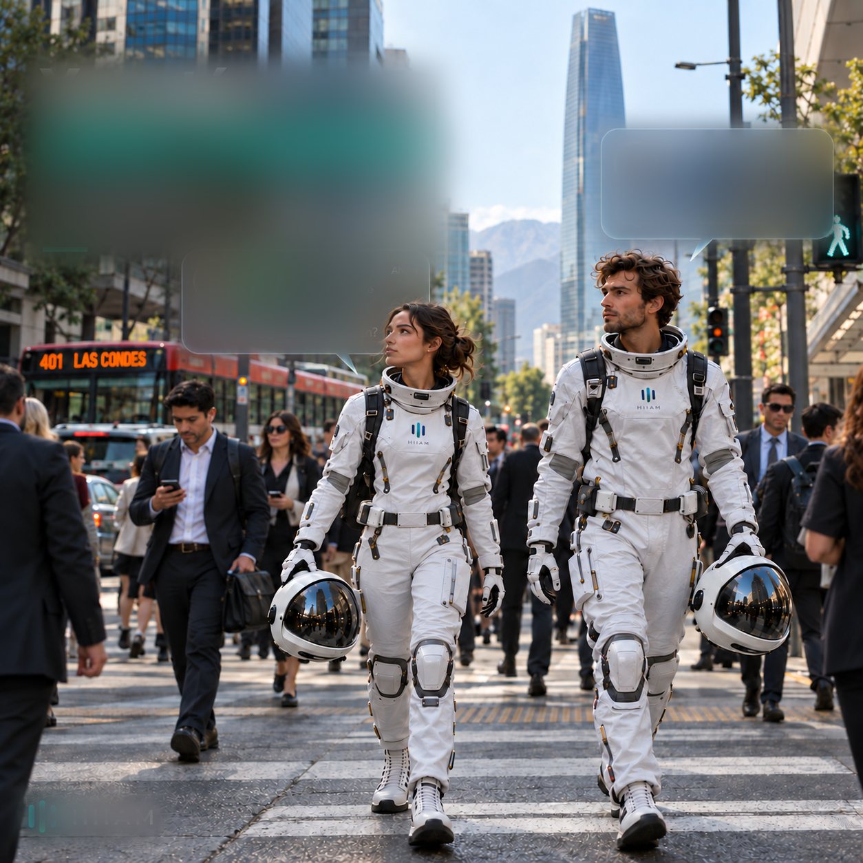 Mia y Max, con traje de astronauta, cruzan una calle de Santiago entre ejecutivos